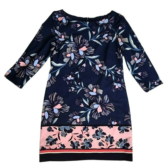 Vince Camuto Women's Floral Print 3/4 Sleeve Sheath Dress Navy Blue/Pink Size 8 - Picture 3 of 11